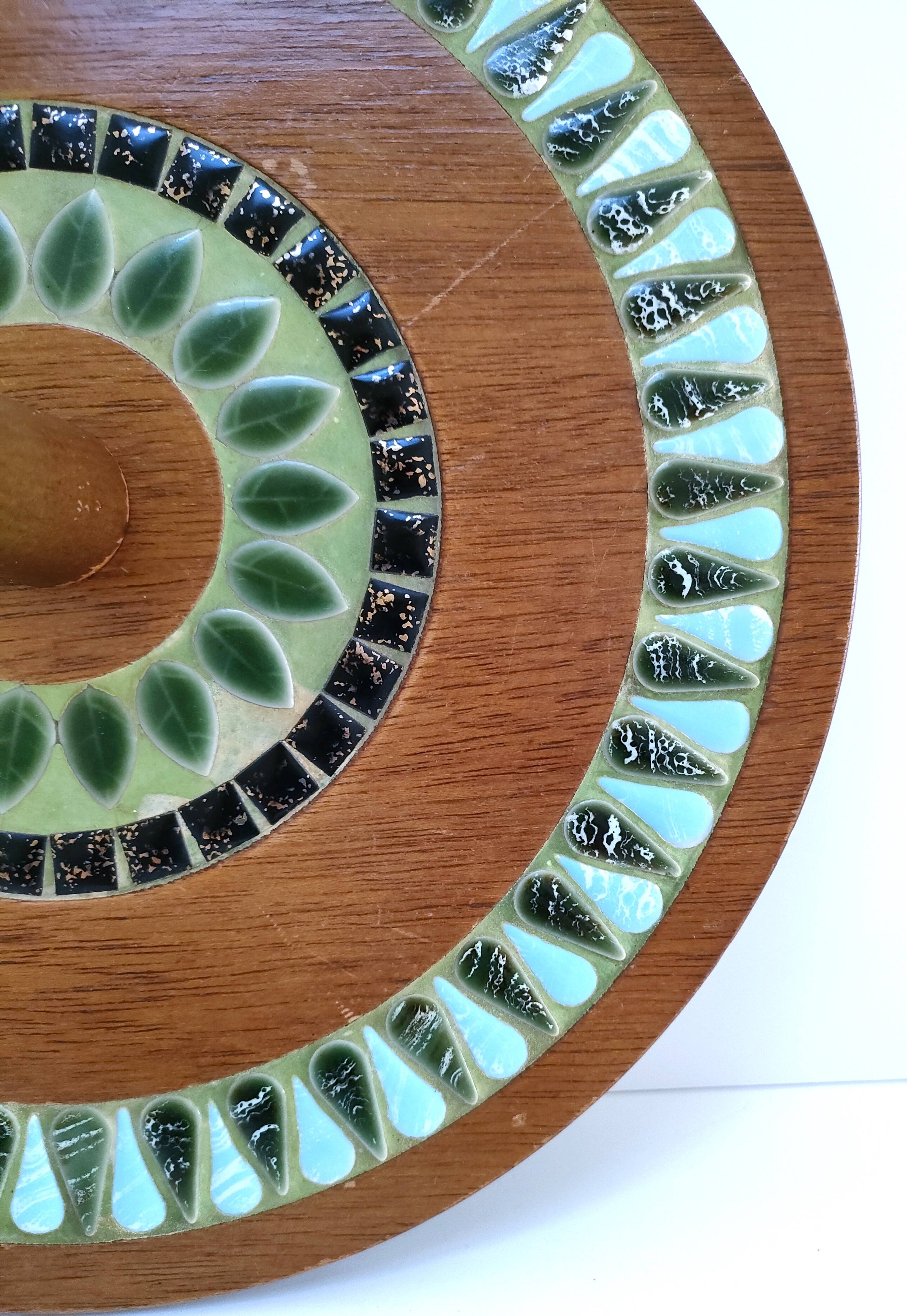 Wooden cheese tray with vintage enameled decor