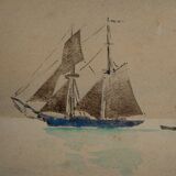 Aquarelle sur papier par Belval Voilier 3 mâts XXe