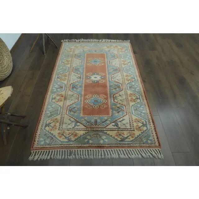 1970s Vintage Turkish Handmade Wool & Cotton Orange Area Rug 125x195