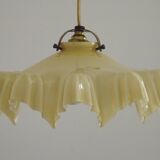 Vintage French Art Deco Yellow & White Glass Pendant Light Frilled 5495