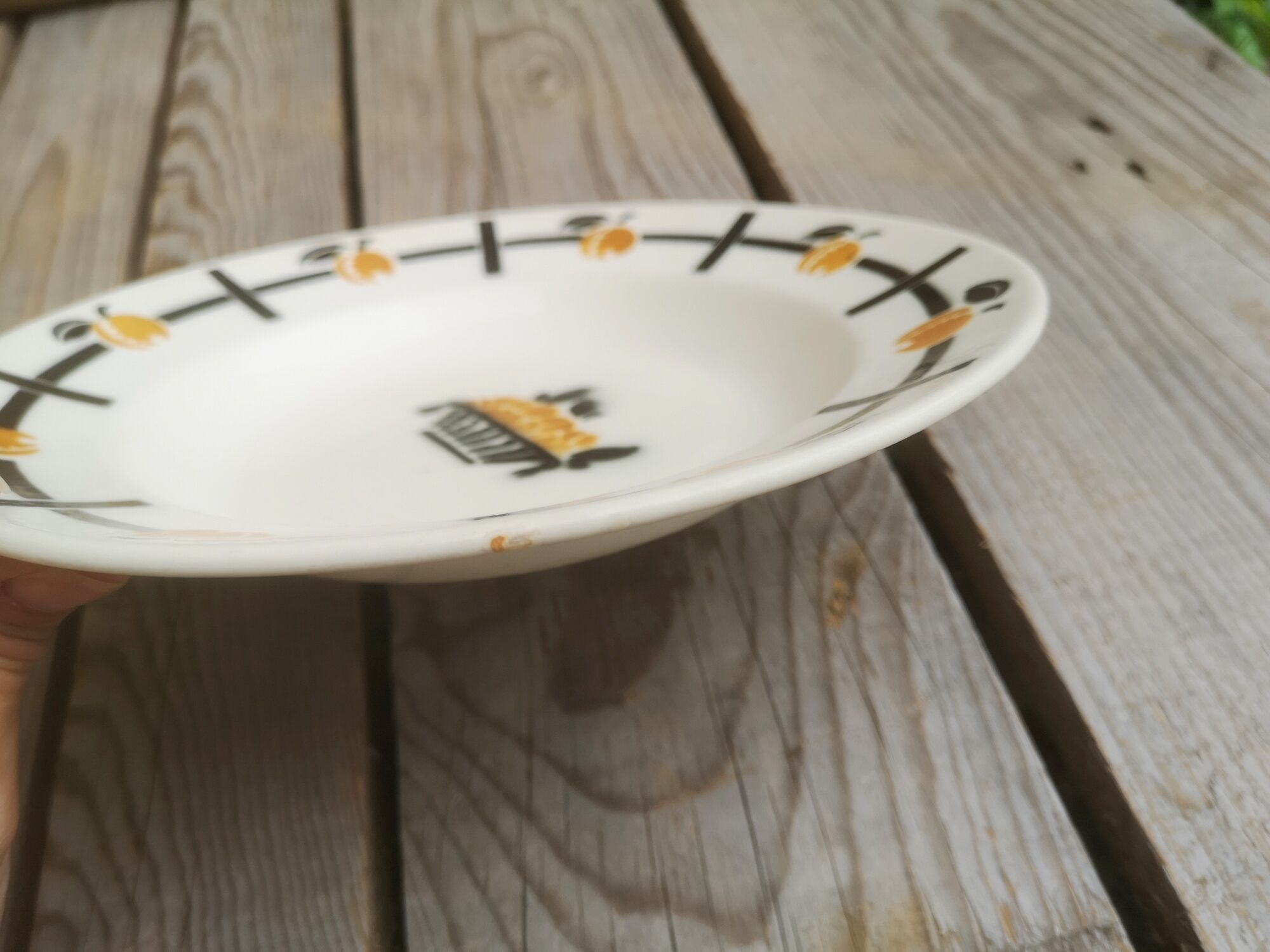 Set of 2 ceramic soup plates décor basket apricots signed Badonviller