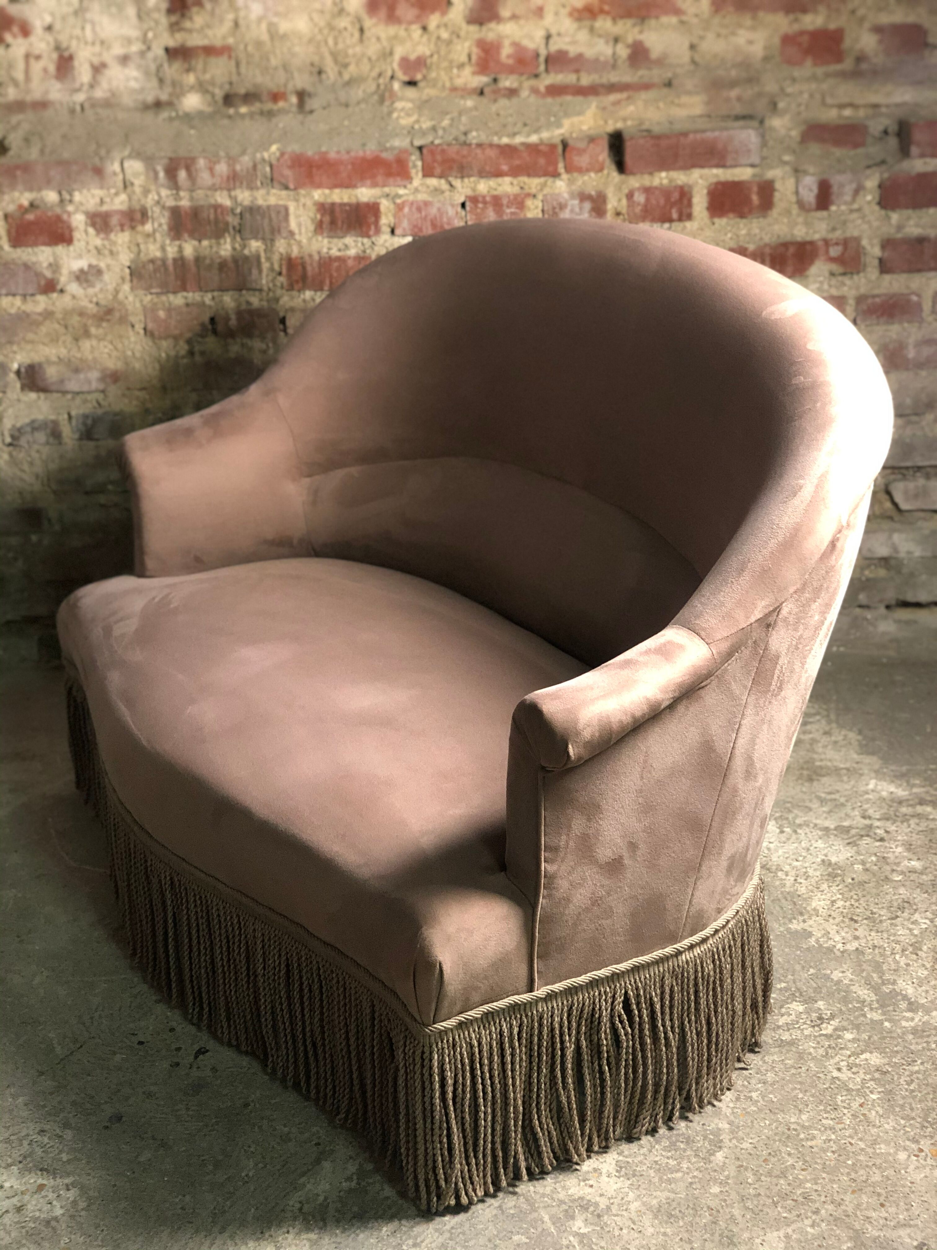 Vintage toad sofa trimmed with taupe-coloured velvet