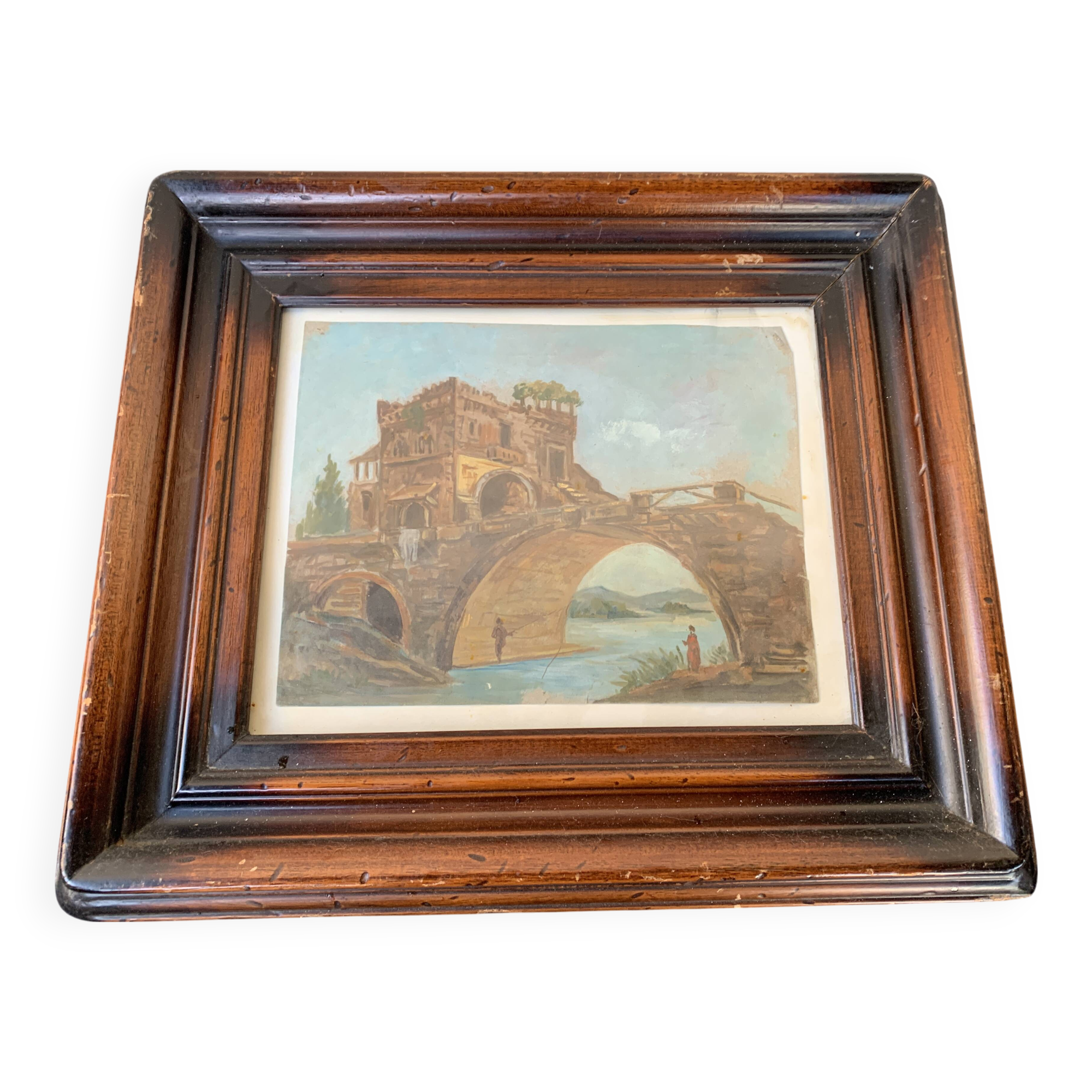 Landscape painting with bridge and figure