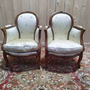 Pair of armchairs - Louis XV style bergères in silk.