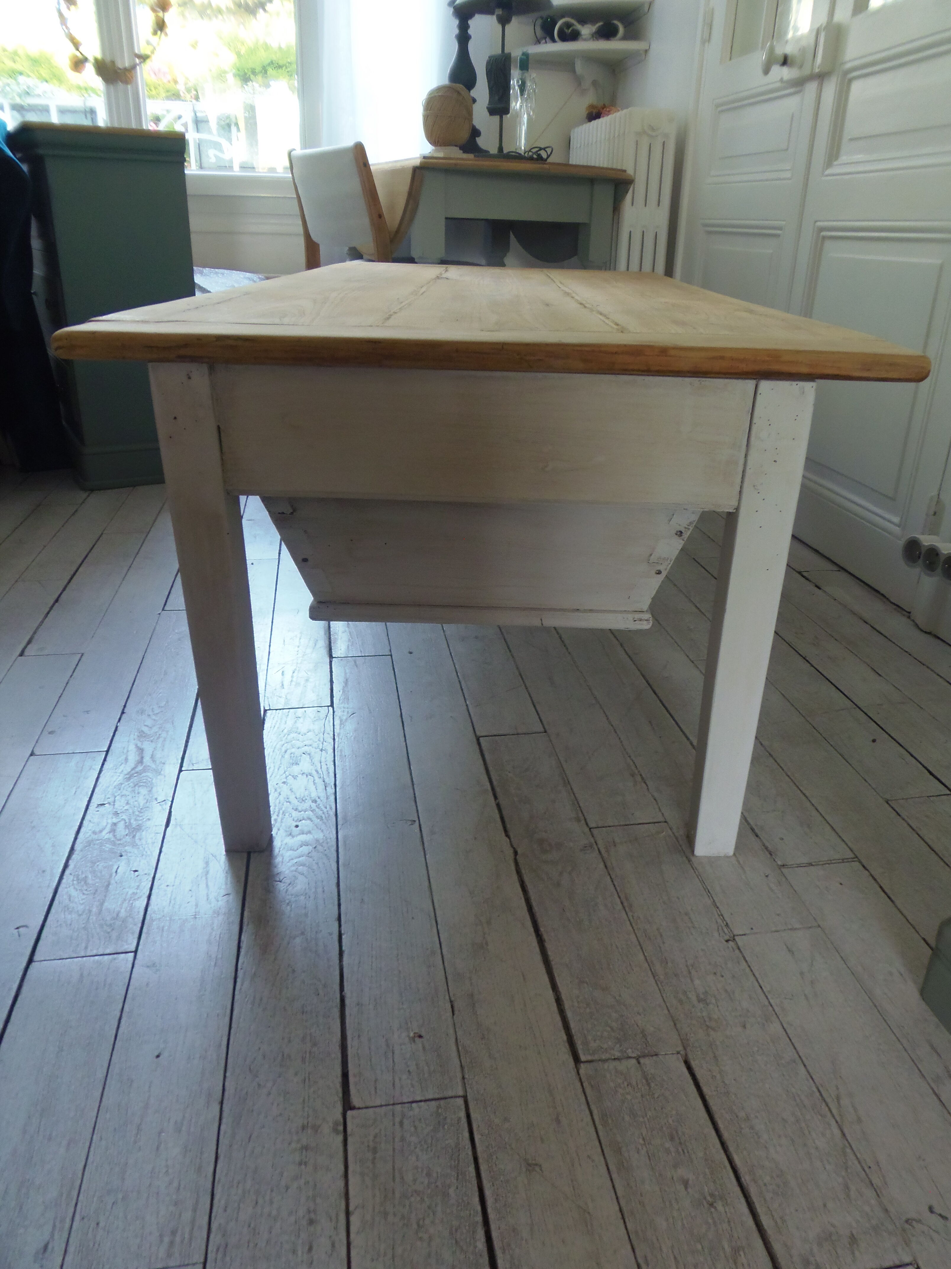 Coffee table made from an authentic farmhouse table, leg patinated pearl gray