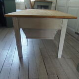 Coffee table made from an authentic farmhouse table, leg patinated pearl gray