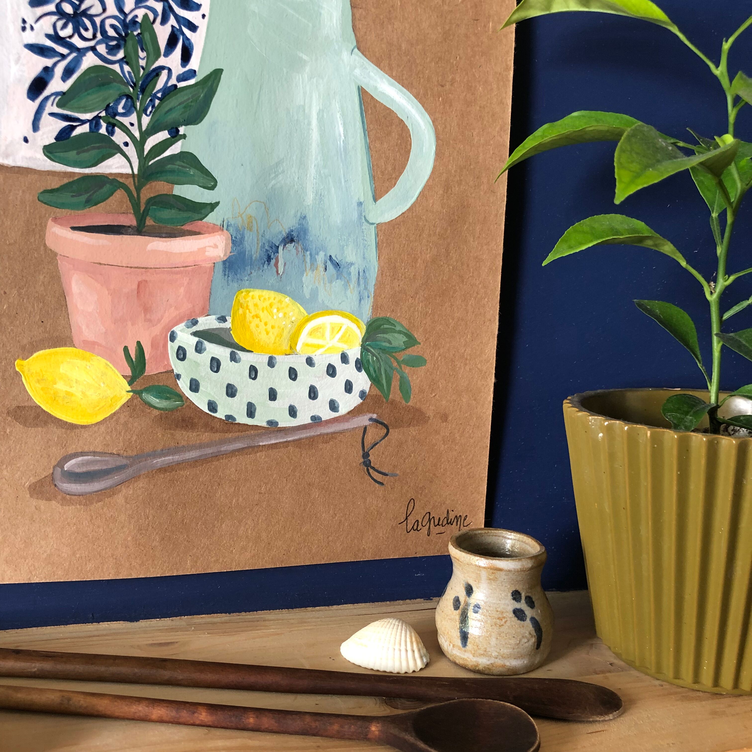 Original illustration A4 Blue and lemon carafe by Coeur de voyou