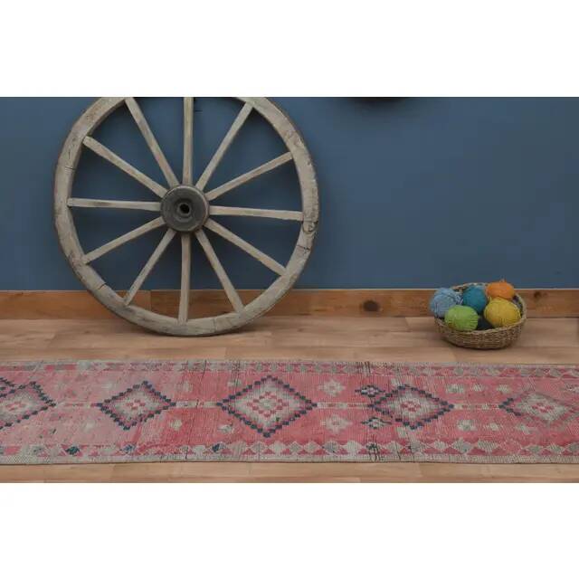 1970s Vintage Turkish Handmade Wool & Cotton Pink Runner Rug 75x318