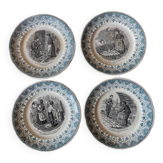 4 assiettes parlantes Opaque de Sarreguemines, série "Ponts et habitats" n°2, 3, 4 et 5, fin XIXe