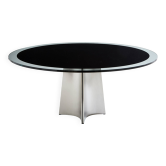 Table by Luigi Saccardo for Maison Jansen brushed steel black glass 1970