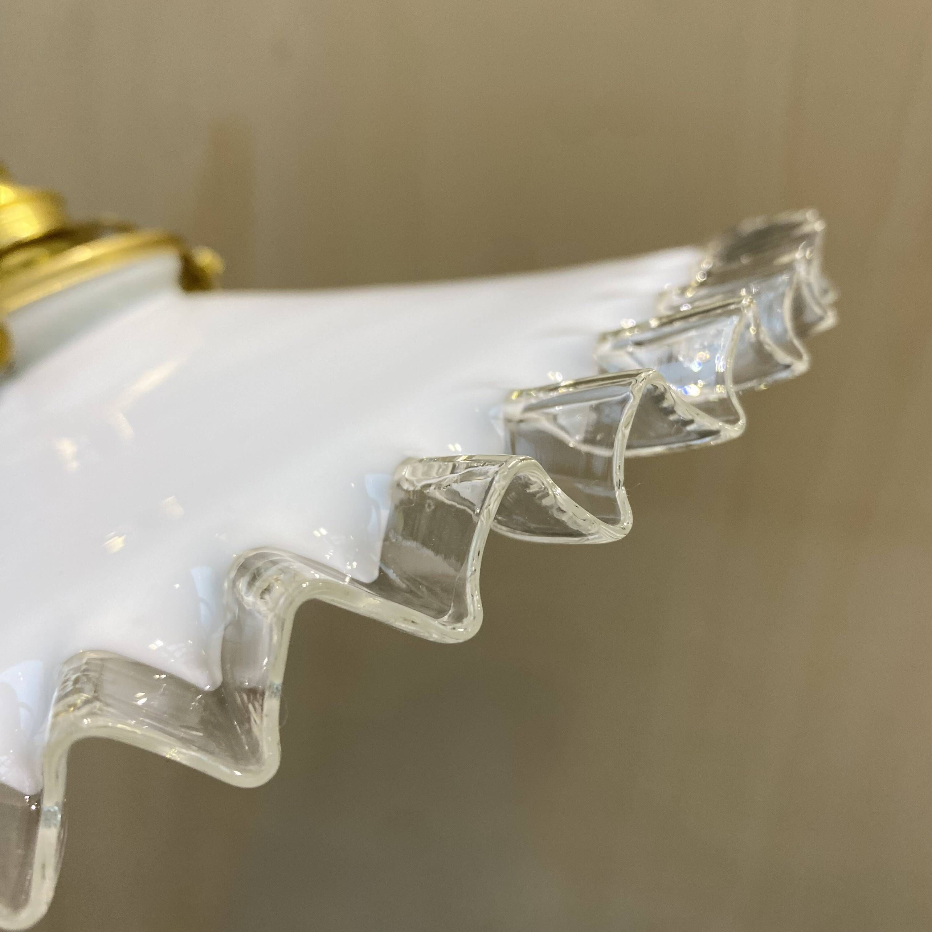 Pair of vintage pendant lights in opaline and transparent serrated edges