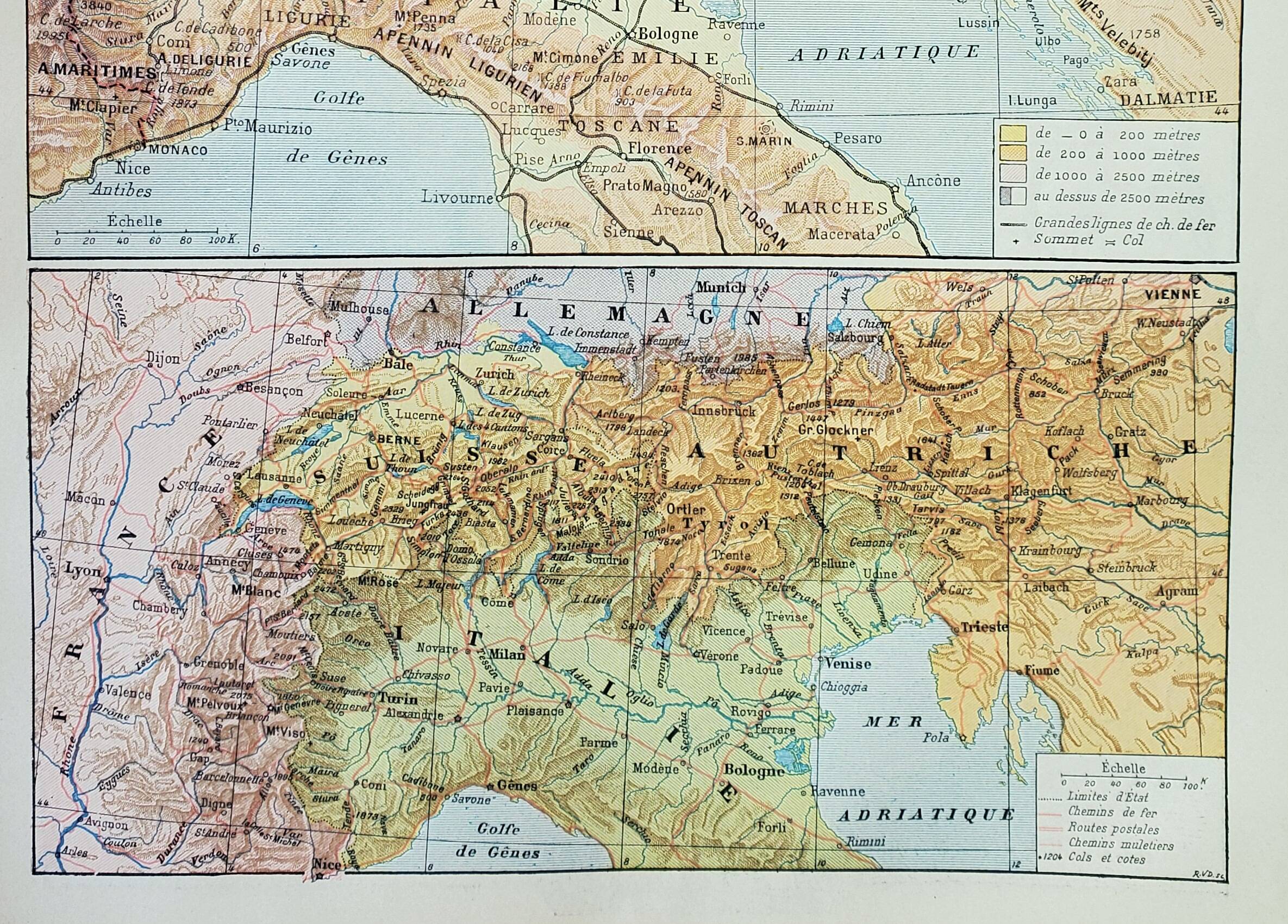 Old engraving 1898, Alps, map, mountain • Original and vintage lithograph