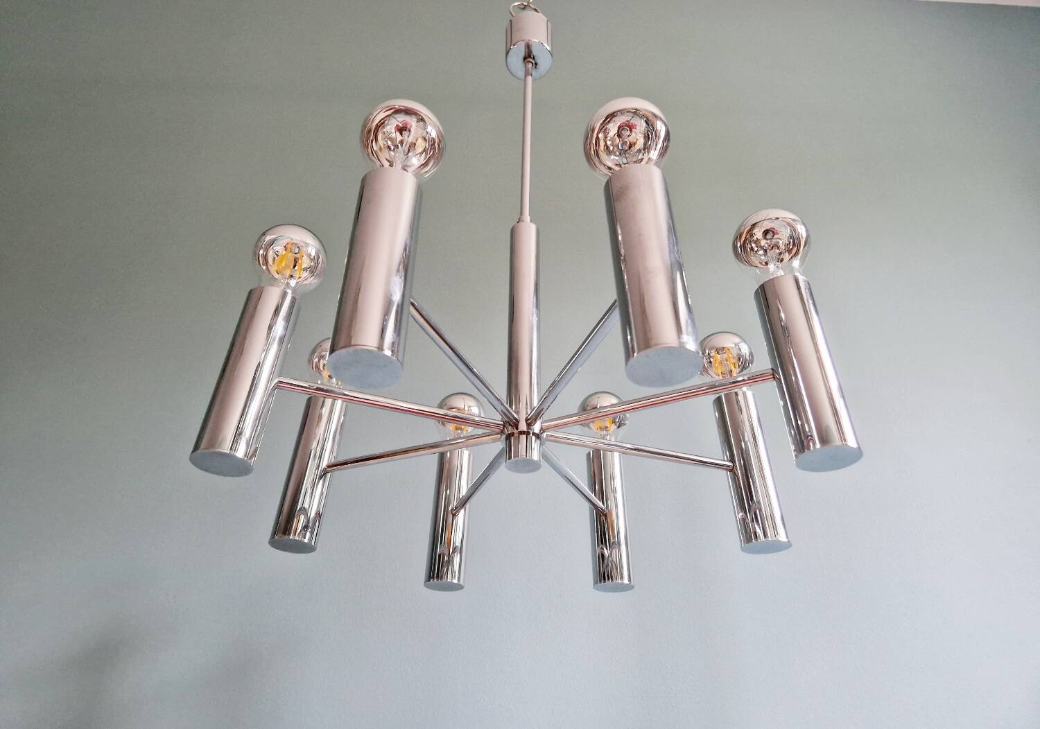 Space Age tubular chrome metal chandelier, 1970s