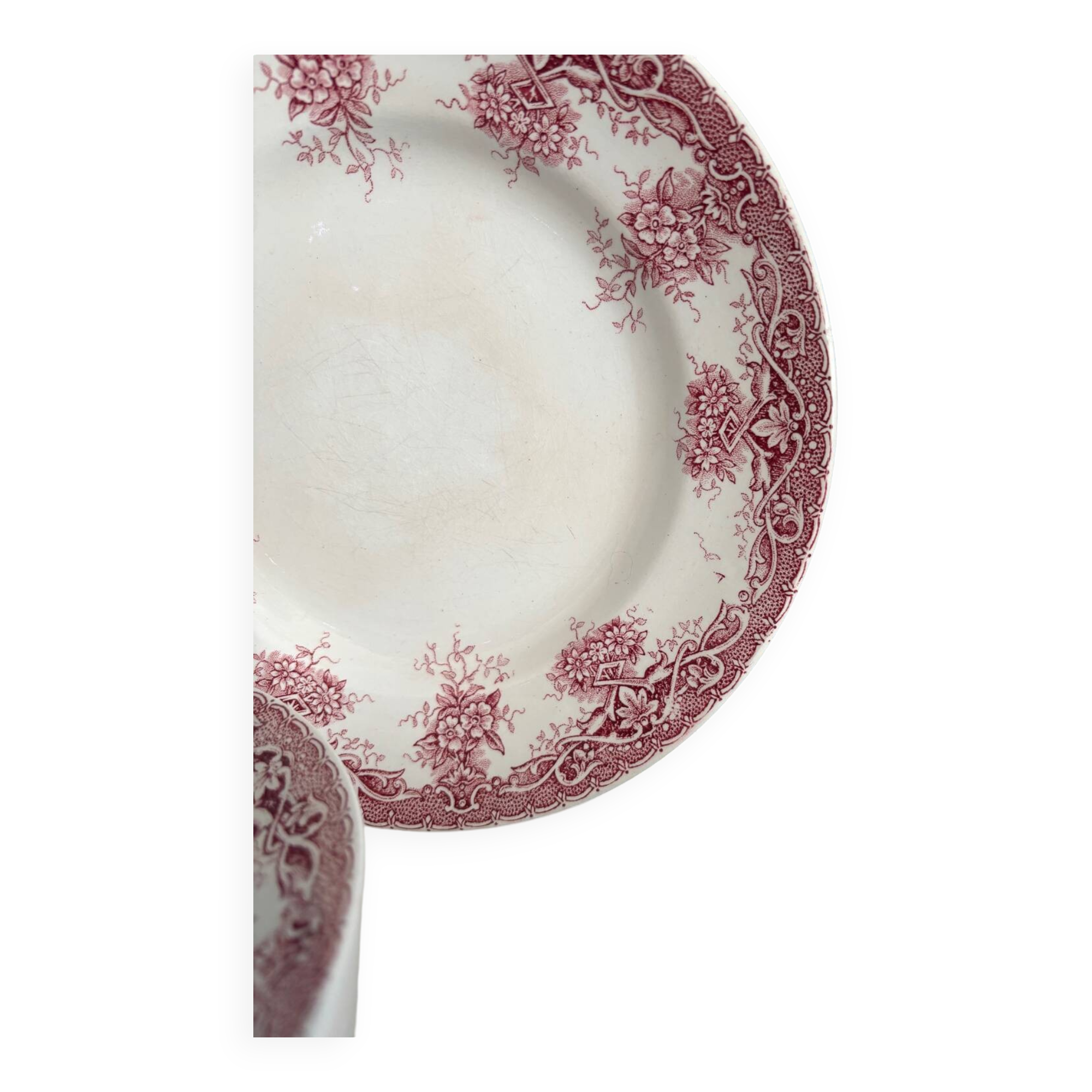 Années 1900 Service 6 assiettes platevintage terre de fer rouge rose Prima vaisselle ancienne manufacture St Amand