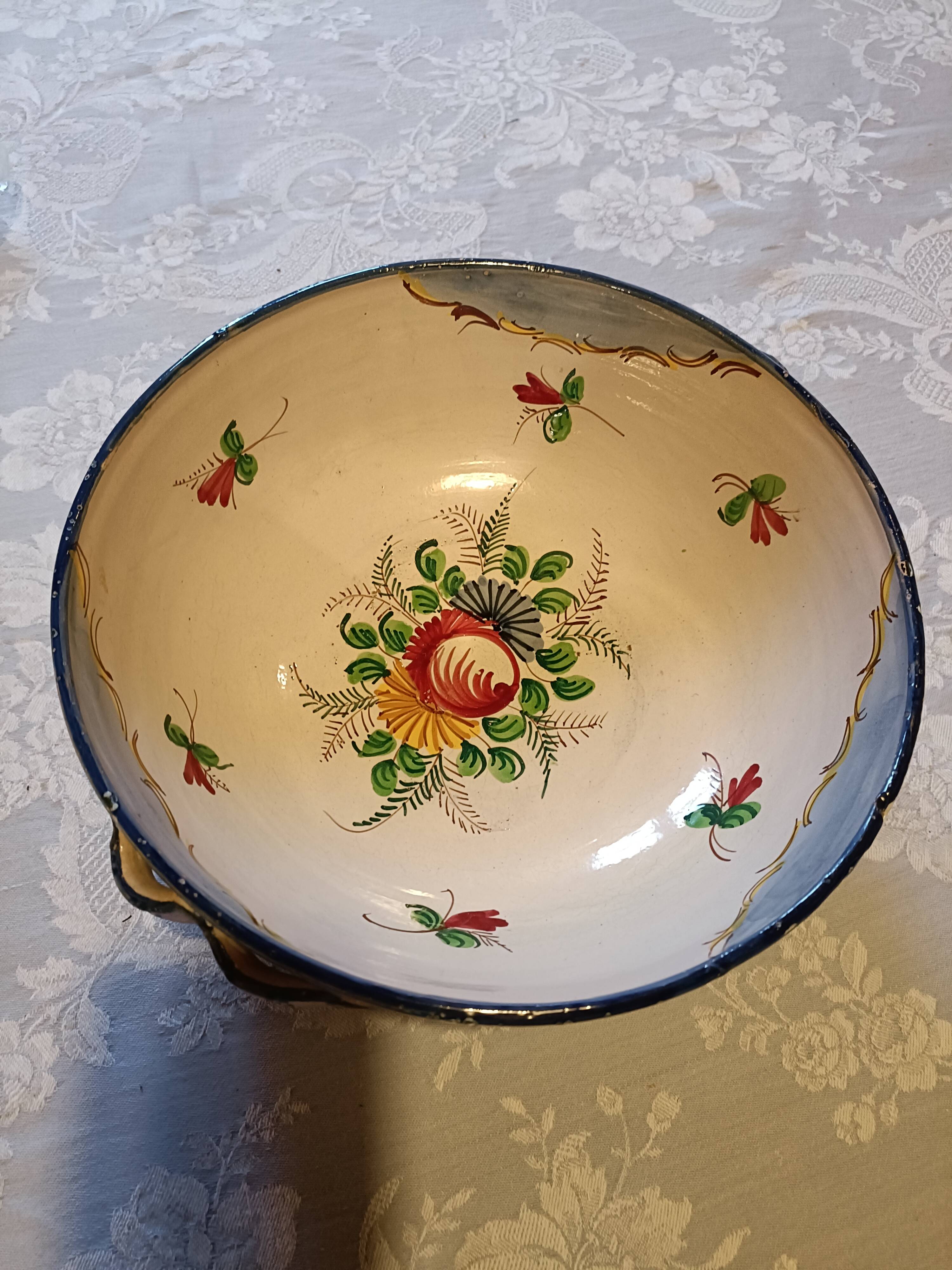 Large antique salad bowl with hand-painted decoration
