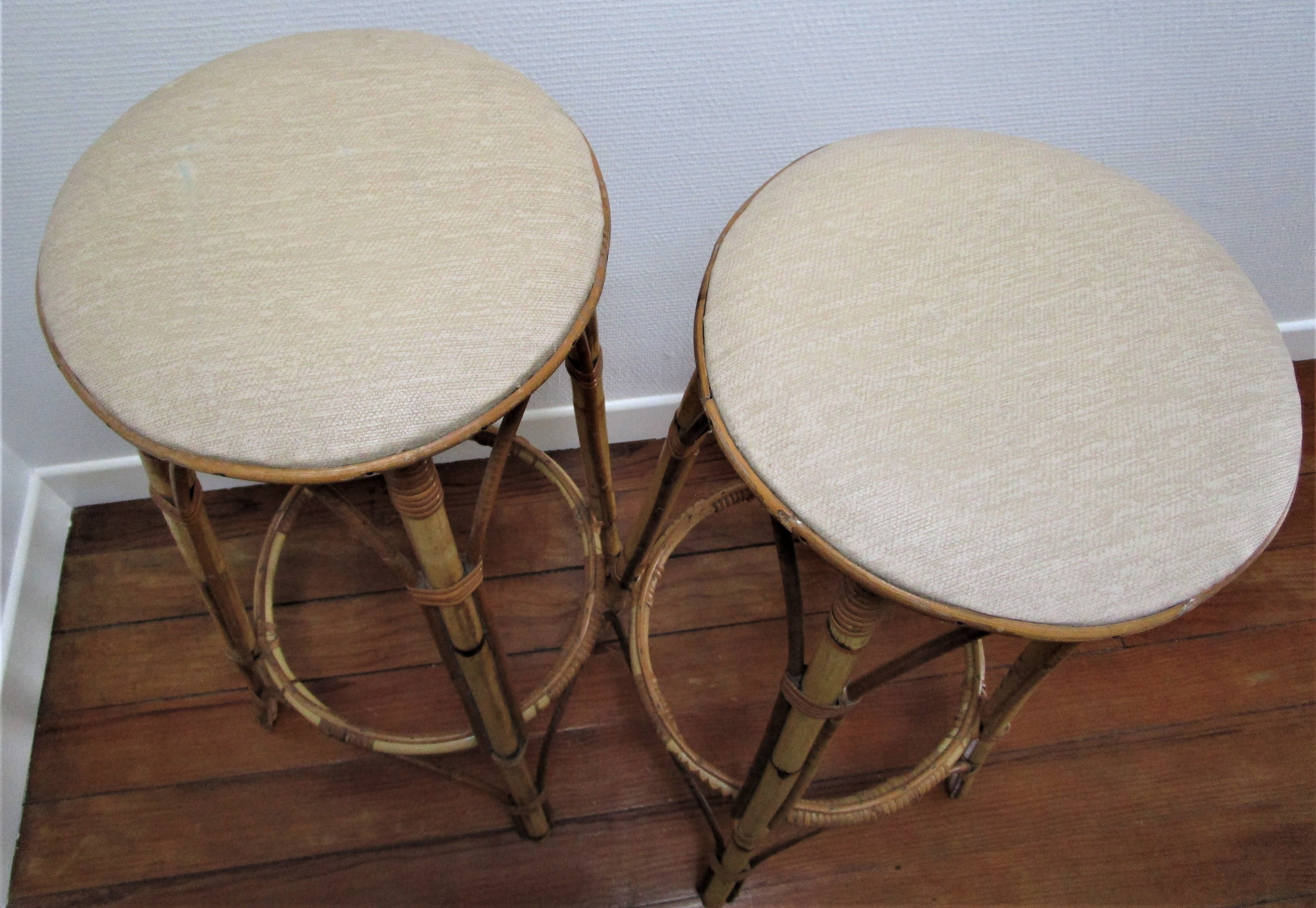 Pair of rattan bar stools and vintage bamboo