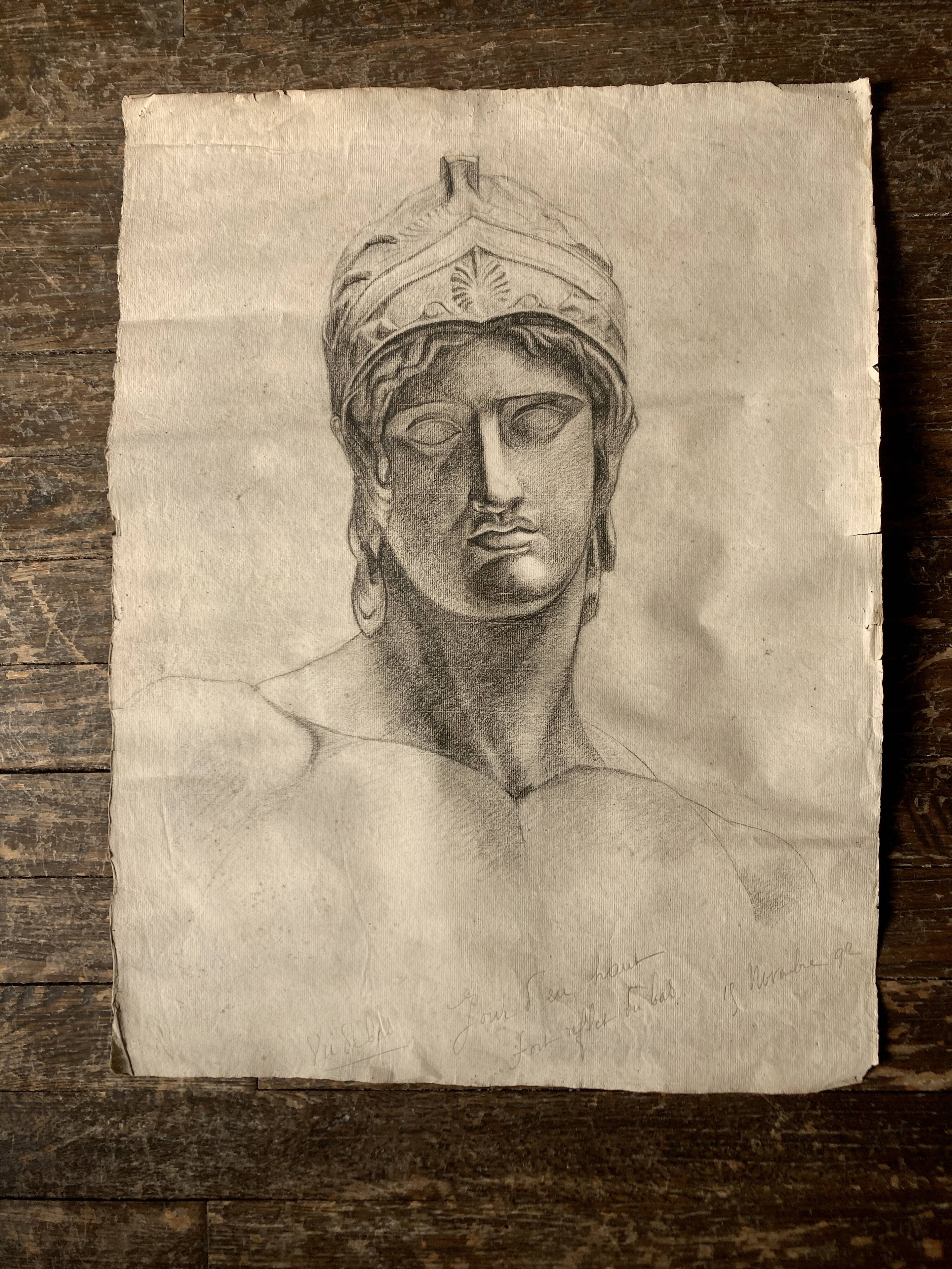 Neo-classical Greek head of the workshop of the god Ares in charcoal.