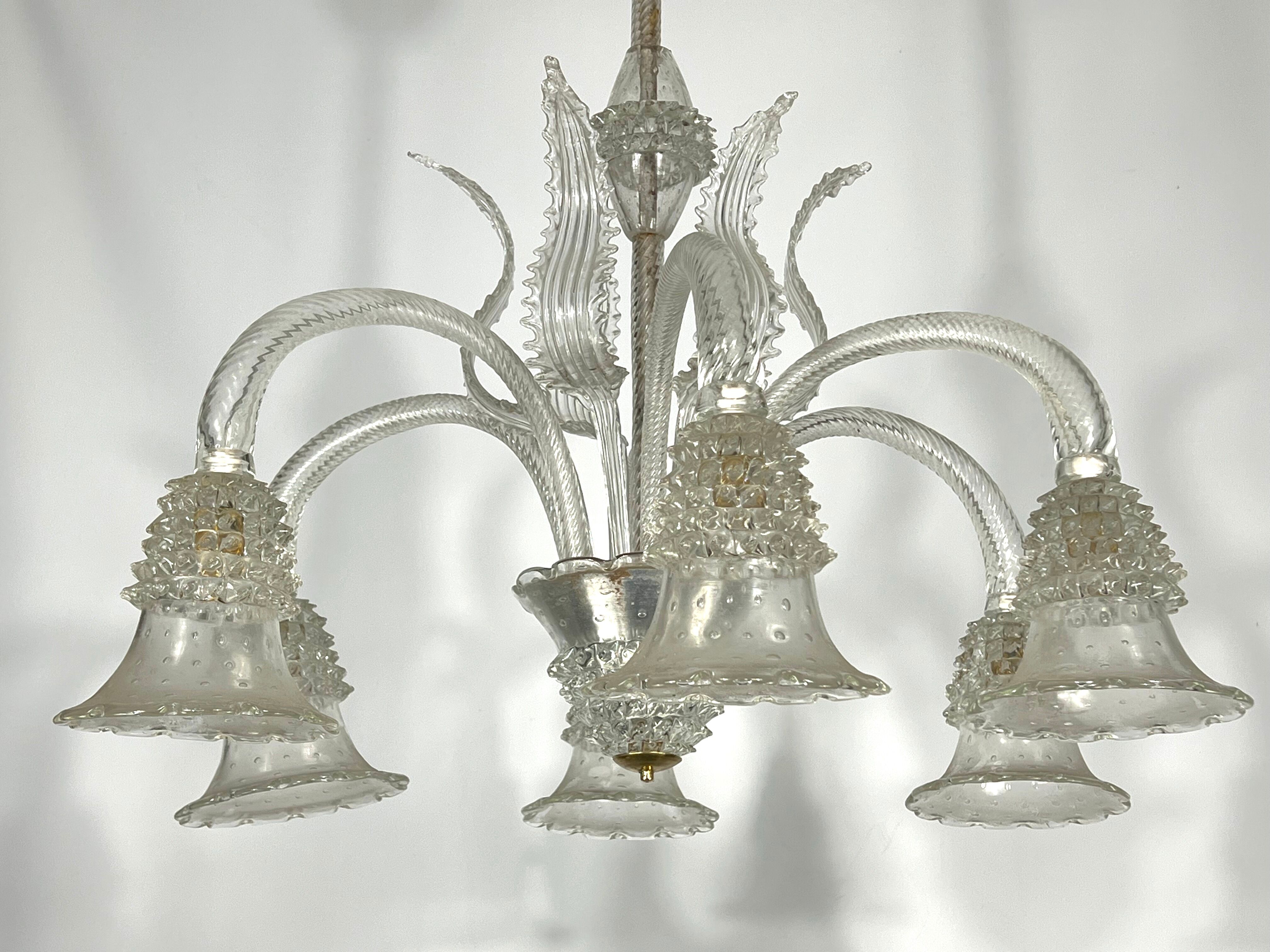 Mid-century six arms Murano Bullicante Rostrato chandelier by Ercole Barovier