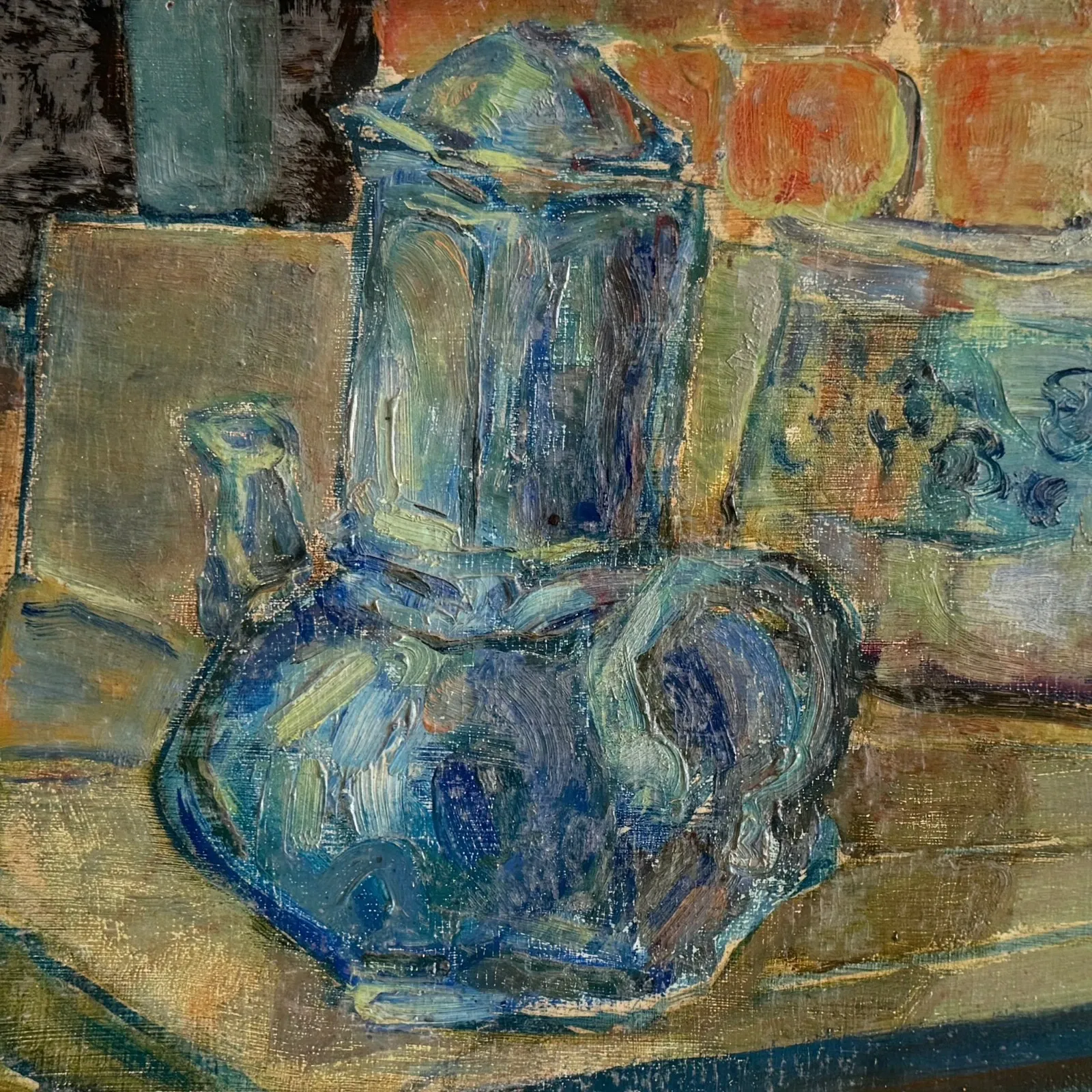 Oil on Isorel depicting a blue teapot, 20th century.