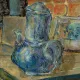 Oil on Isorel depicting a blue teapot, 20th century.