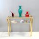 Rectangular Gold Aluminum Console Table with Two Glass Shelves, Italy