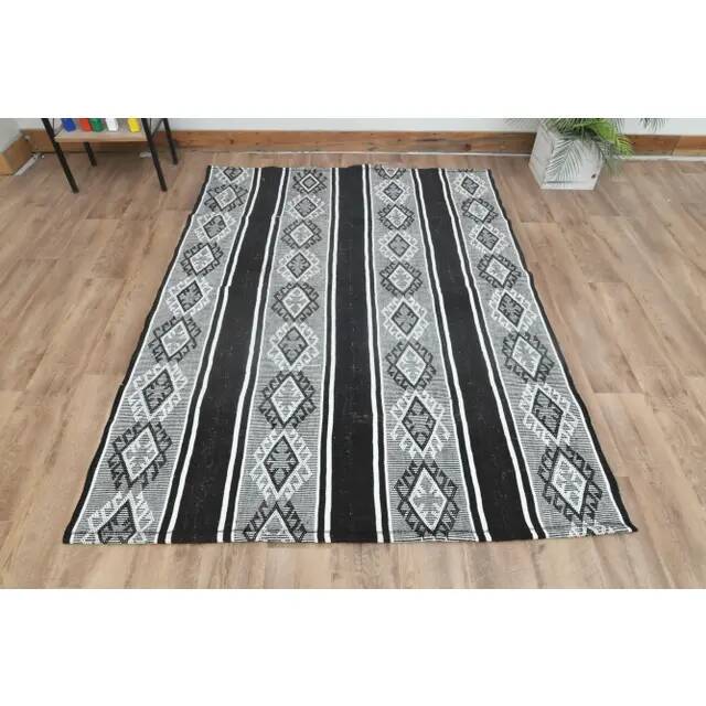 1970s Vintage Turkish Handmade Wool Cotton Gray Kilim Rug 147x197