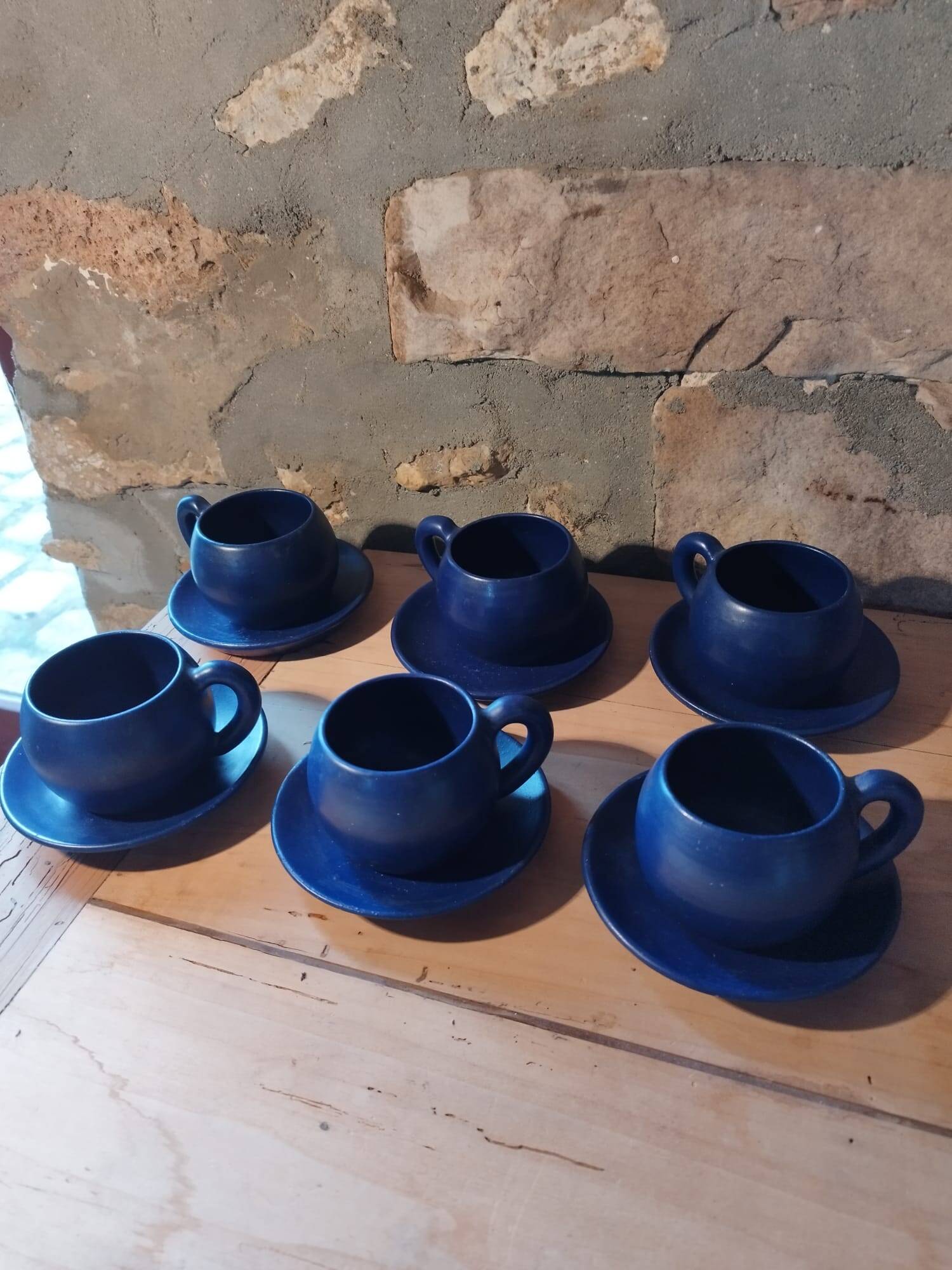 Set of 6 dark blue cups and saucers Charles Voltz Vallauris