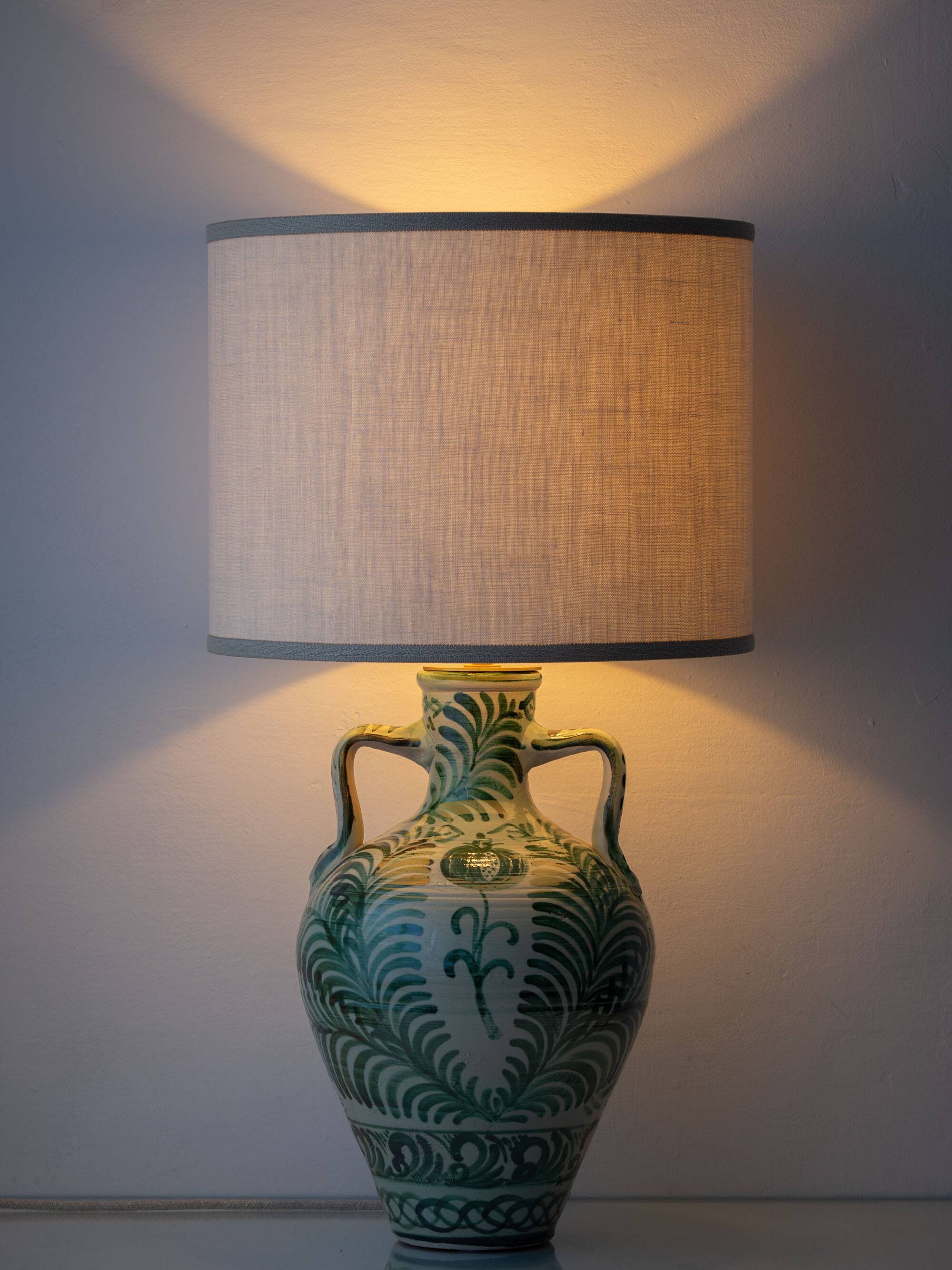Pair of Spanish Revival Ceramic Table Lamps from Granada, New Linen Lampshades