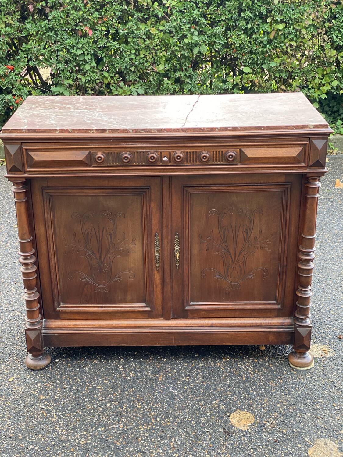 Henri II two-door sideboard in solid wood and marble