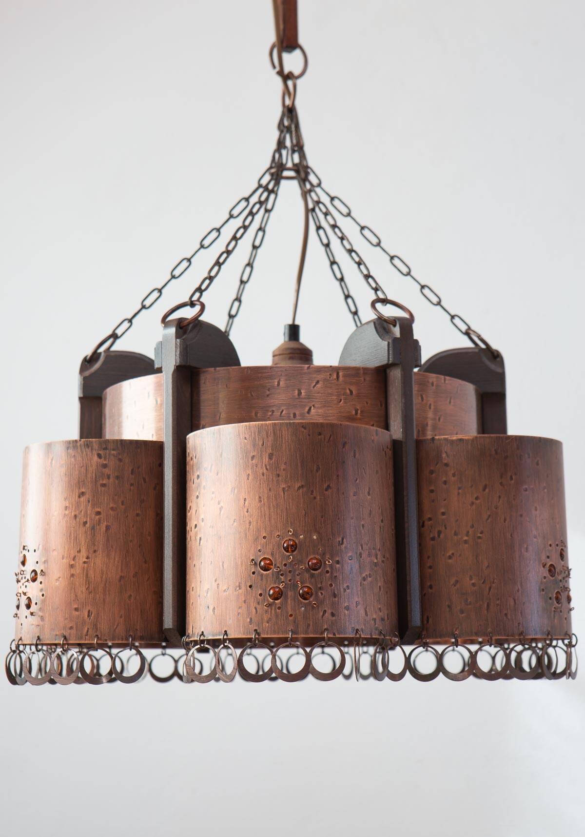 Large Scandinavian copper and wood pendant lamp circa 1970