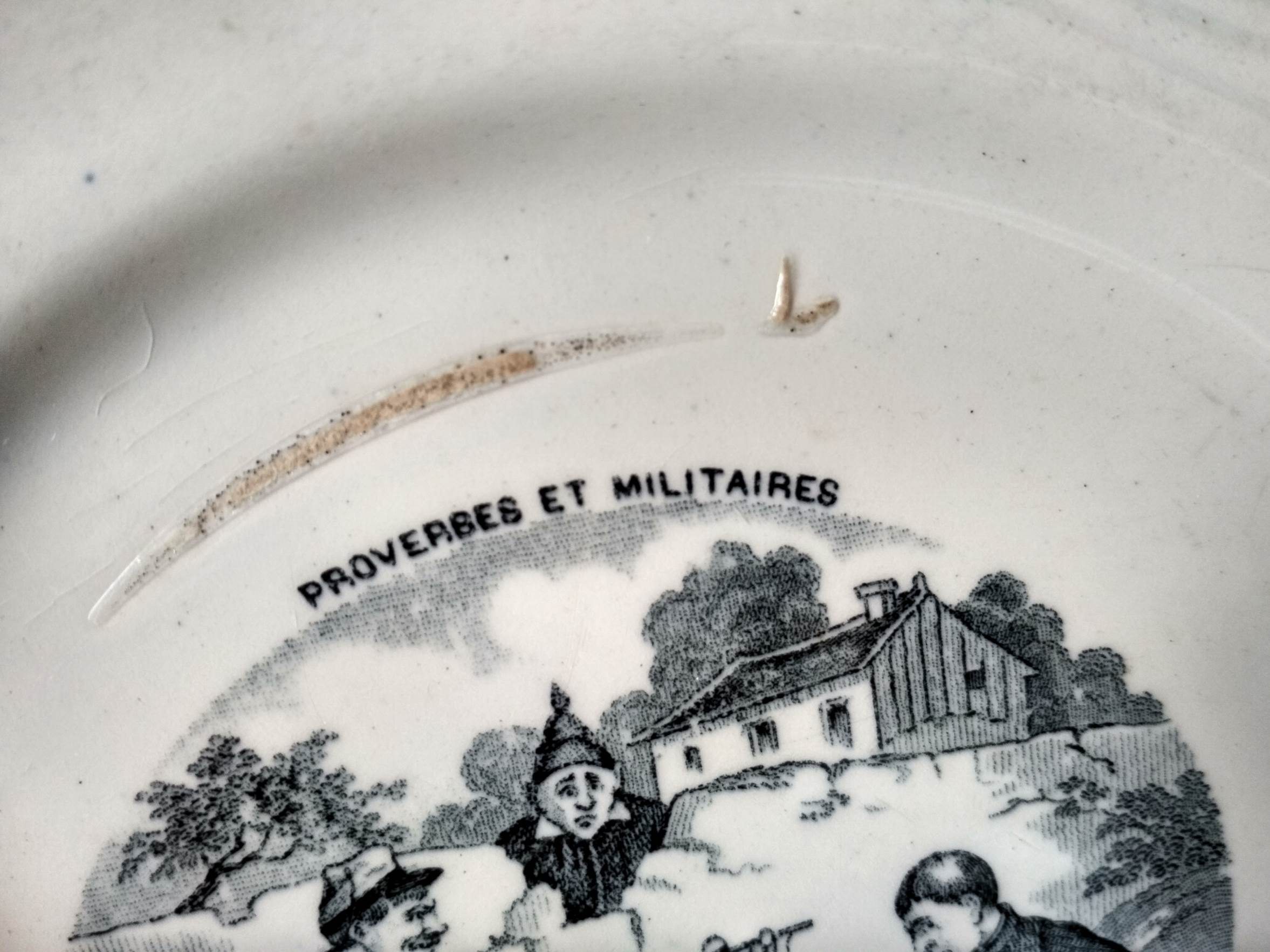 2 "proverbs and military" talking dessert plates - Gien porcelain