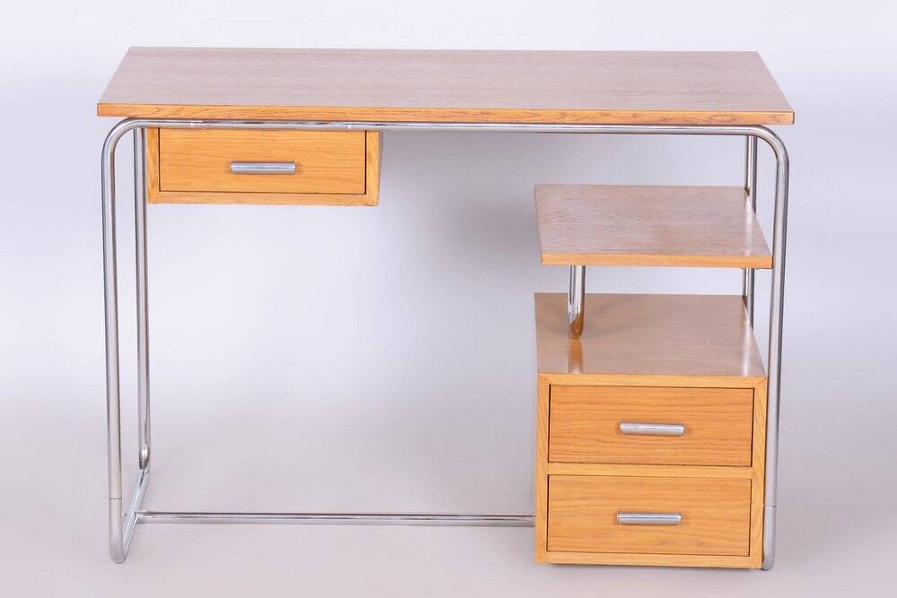 Bauhaus Writing Desk in Oak, Chrome-Plated Steel, Germany, 1930s
