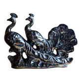 Grande sculpture de paons en céramique noire irisée - Années 1970