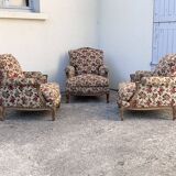 Antique Louis XV style shepherdess armchair in floral flocked fabric