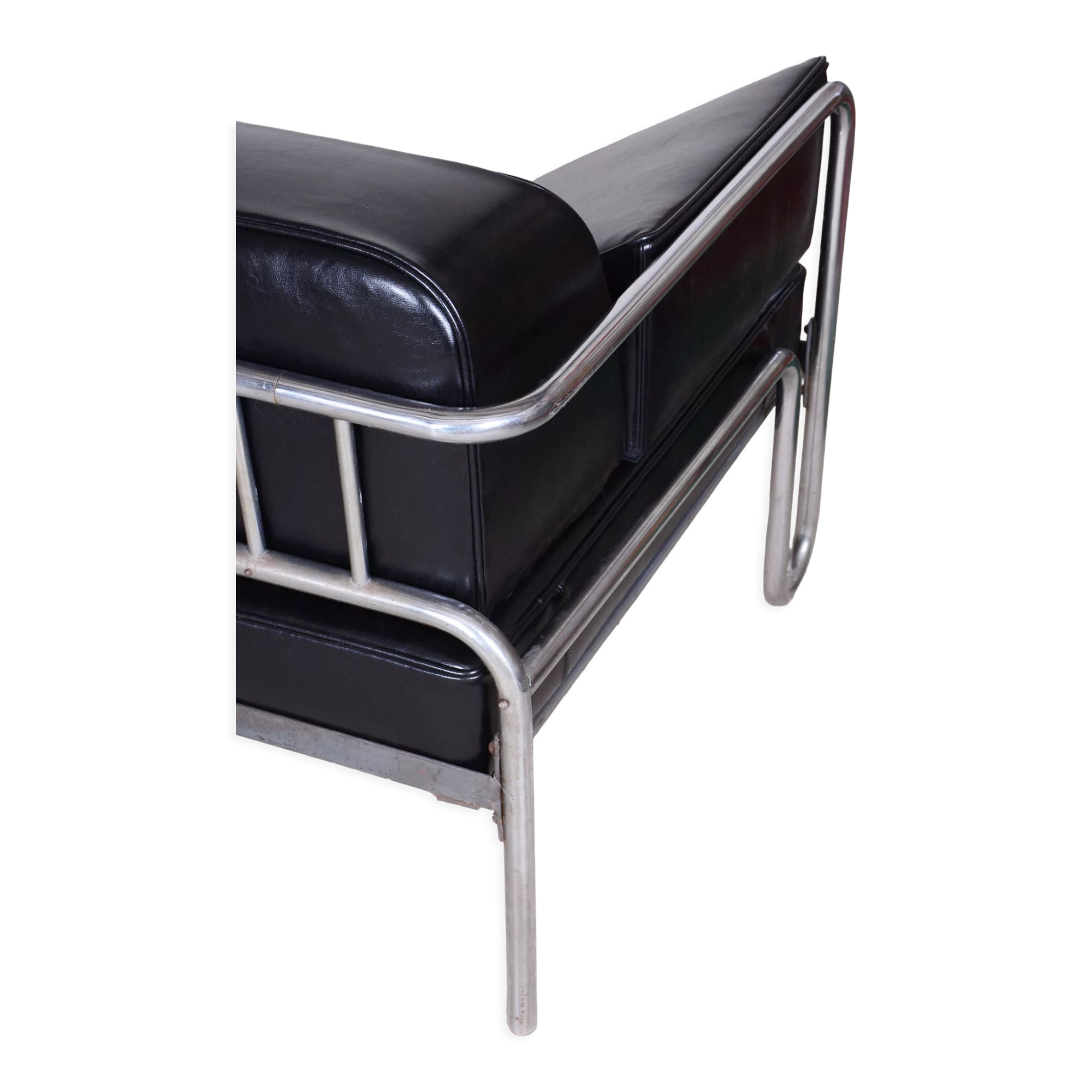 Restored black bauhaus sofa, high-quality leather, chrome-plated steel, 1930s