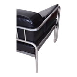 Restored black bauhaus sofa, high-quality leather, chrome-plated steel, 1930s