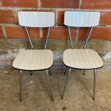 Pair of antique chrome metal chairs + white formica seat & back