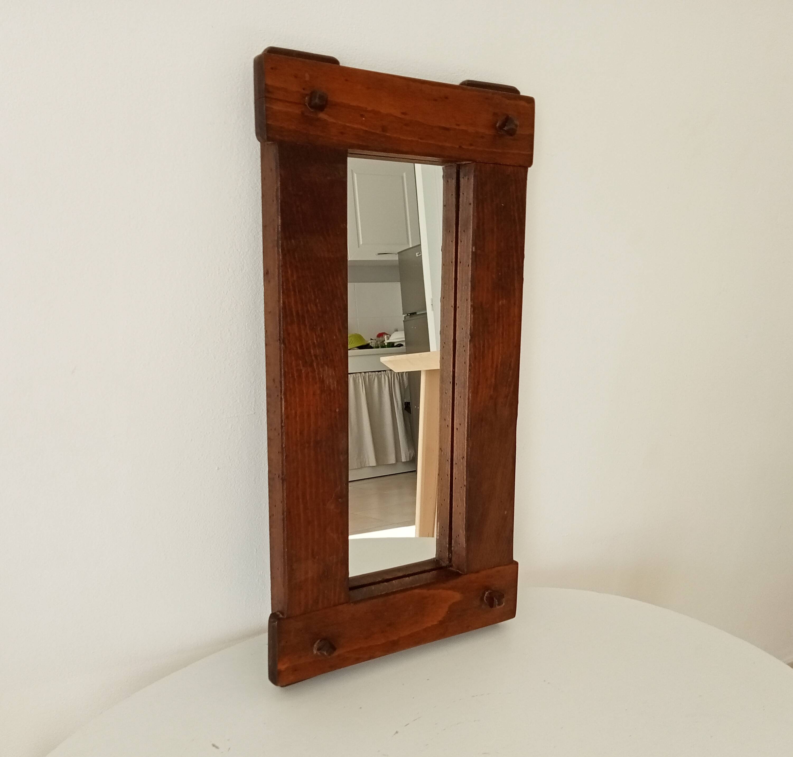 Miroir brutaliste vintage en chêne massif