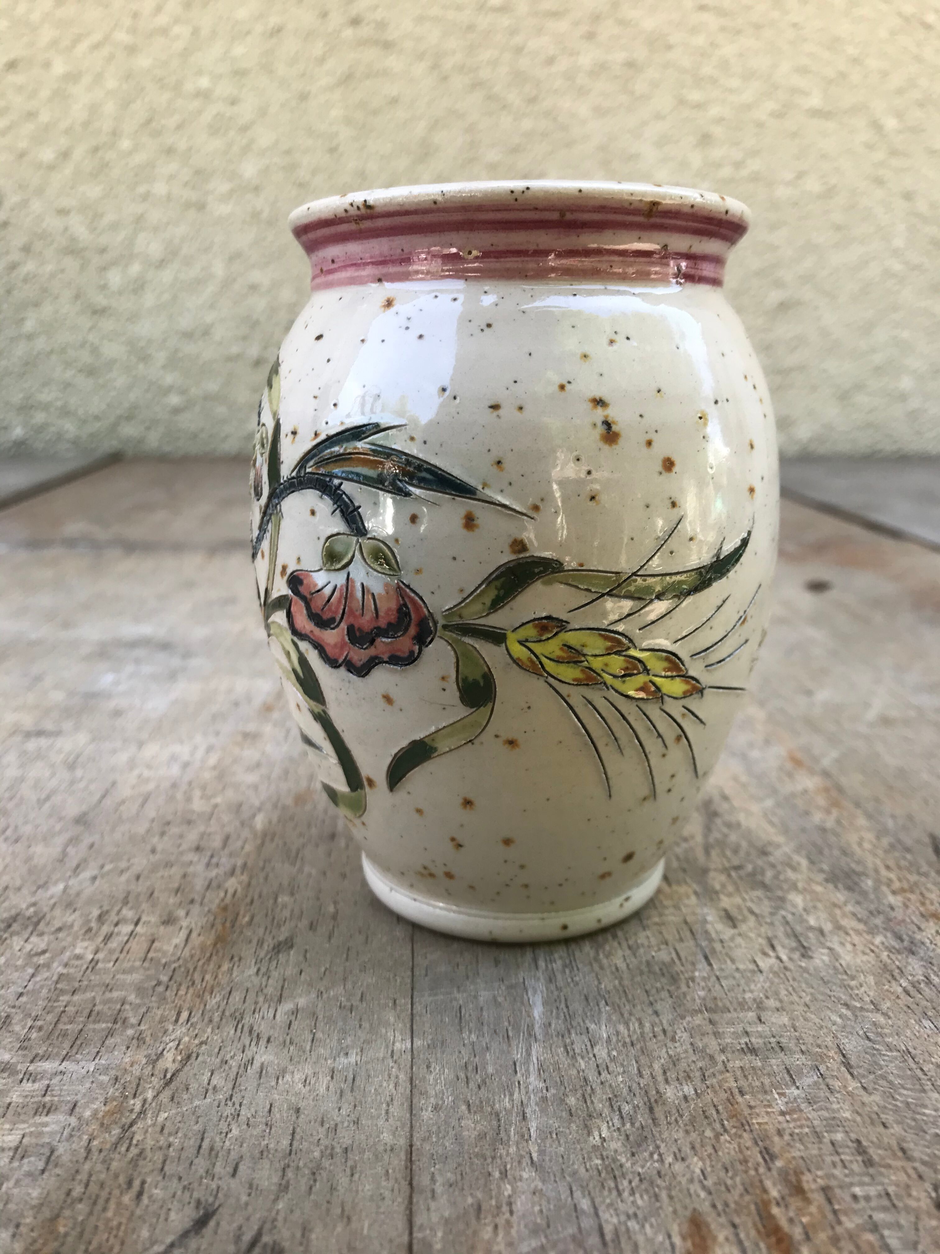 Ancient vase grès Alsace Graessel beige décor chislé made in France vintage