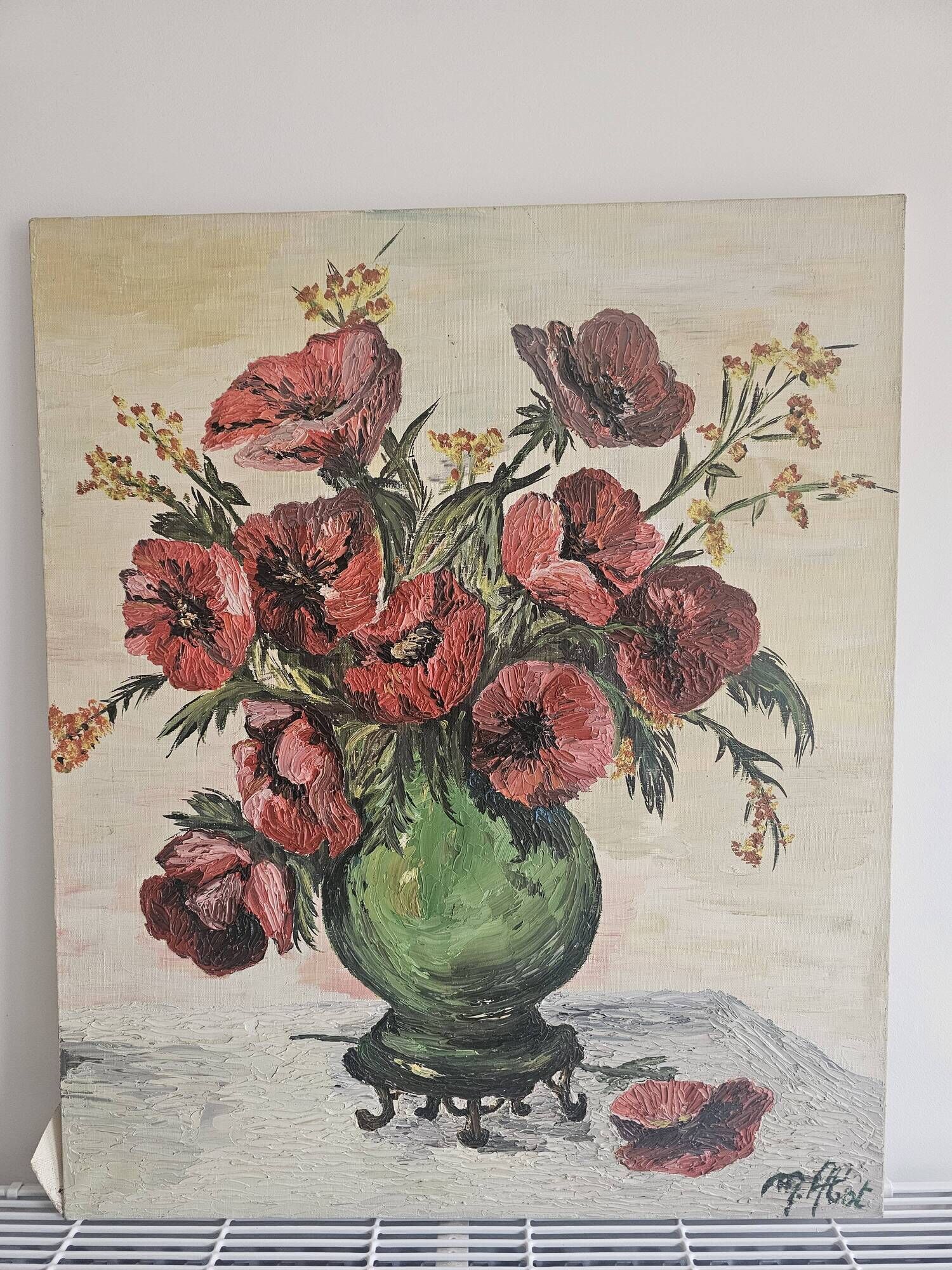 Oil on Canvas Knife Painting Still Life Flowers Poppies Signed M