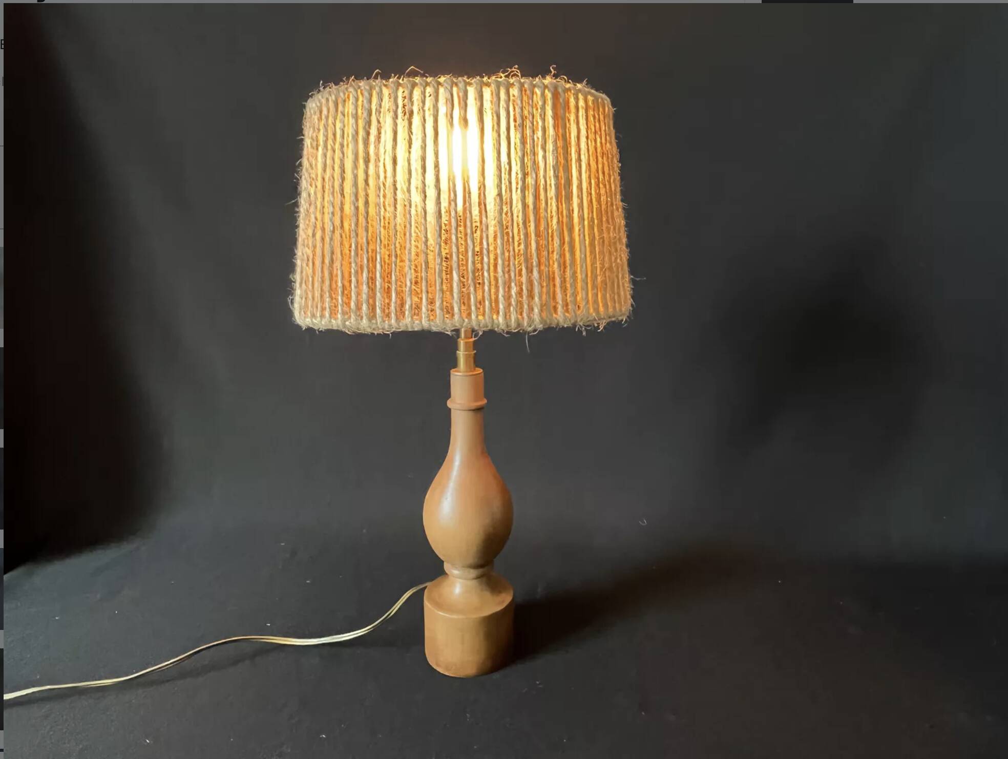 Philippe Capelle vintage 1970s table lamp in turned wood with rope shade