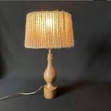 Philippe Capelle vintage 1970s table lamp in turned wood with rope shade