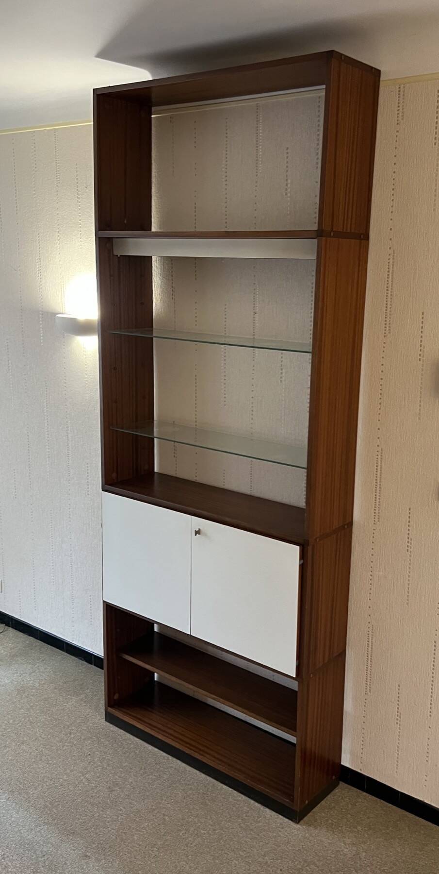 Modular Wall System in Wood Veneer, White Laminate, Glass and
