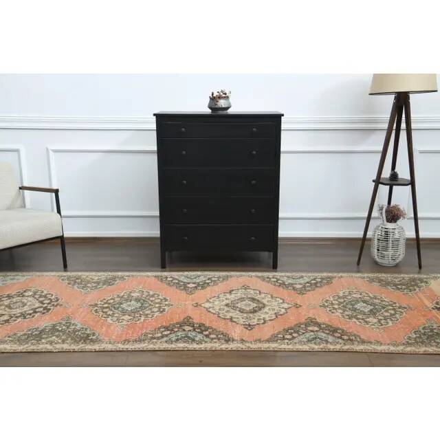 Tapis couloir vintage turc Oushak fait main en laine et coton orange des années 1970 112x402