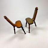 Set of 2 mid century brutalist oak tripod stools, 1960s