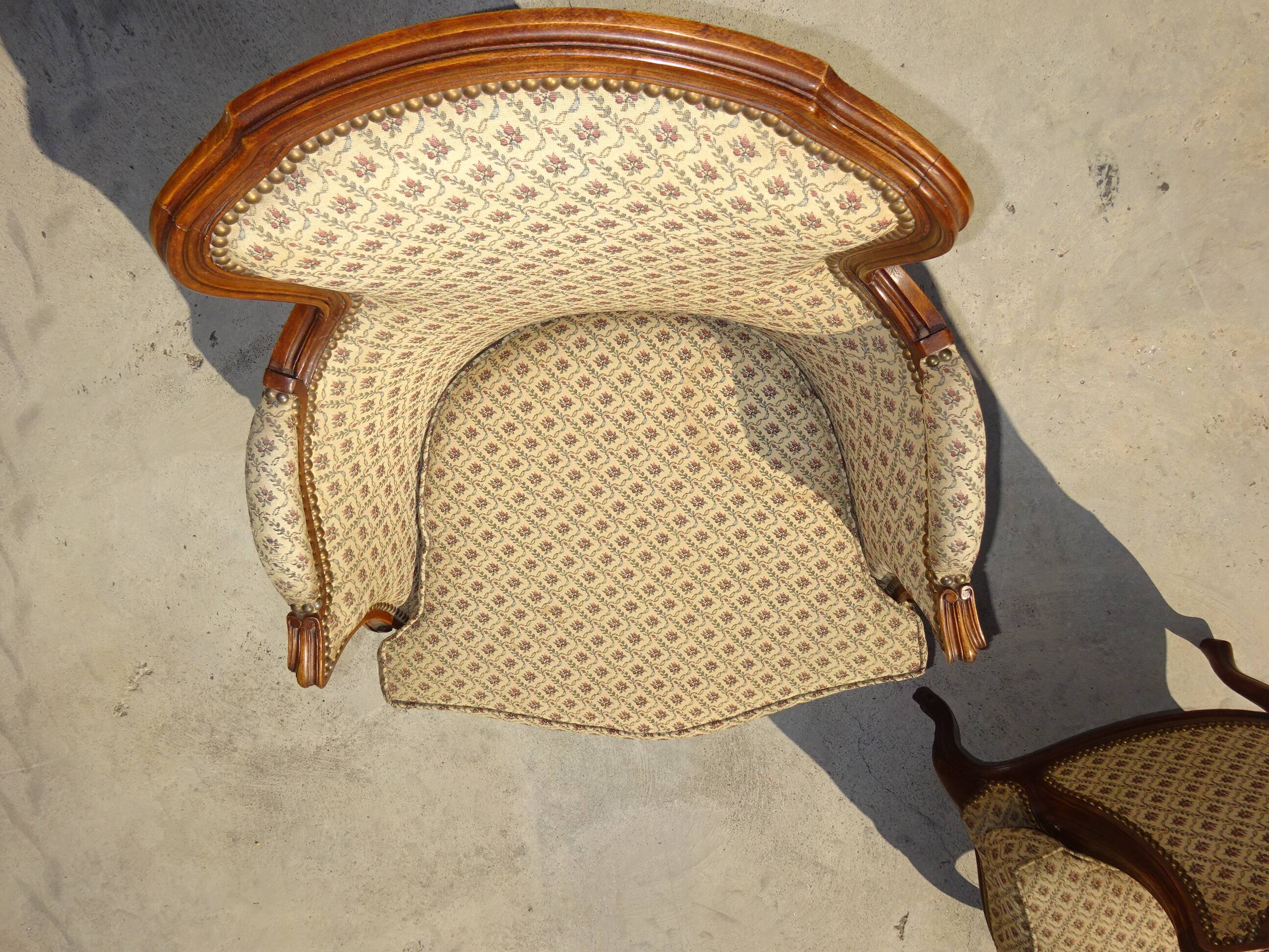 Bergère armchair in walnut and upholstered fabrics, set of 2