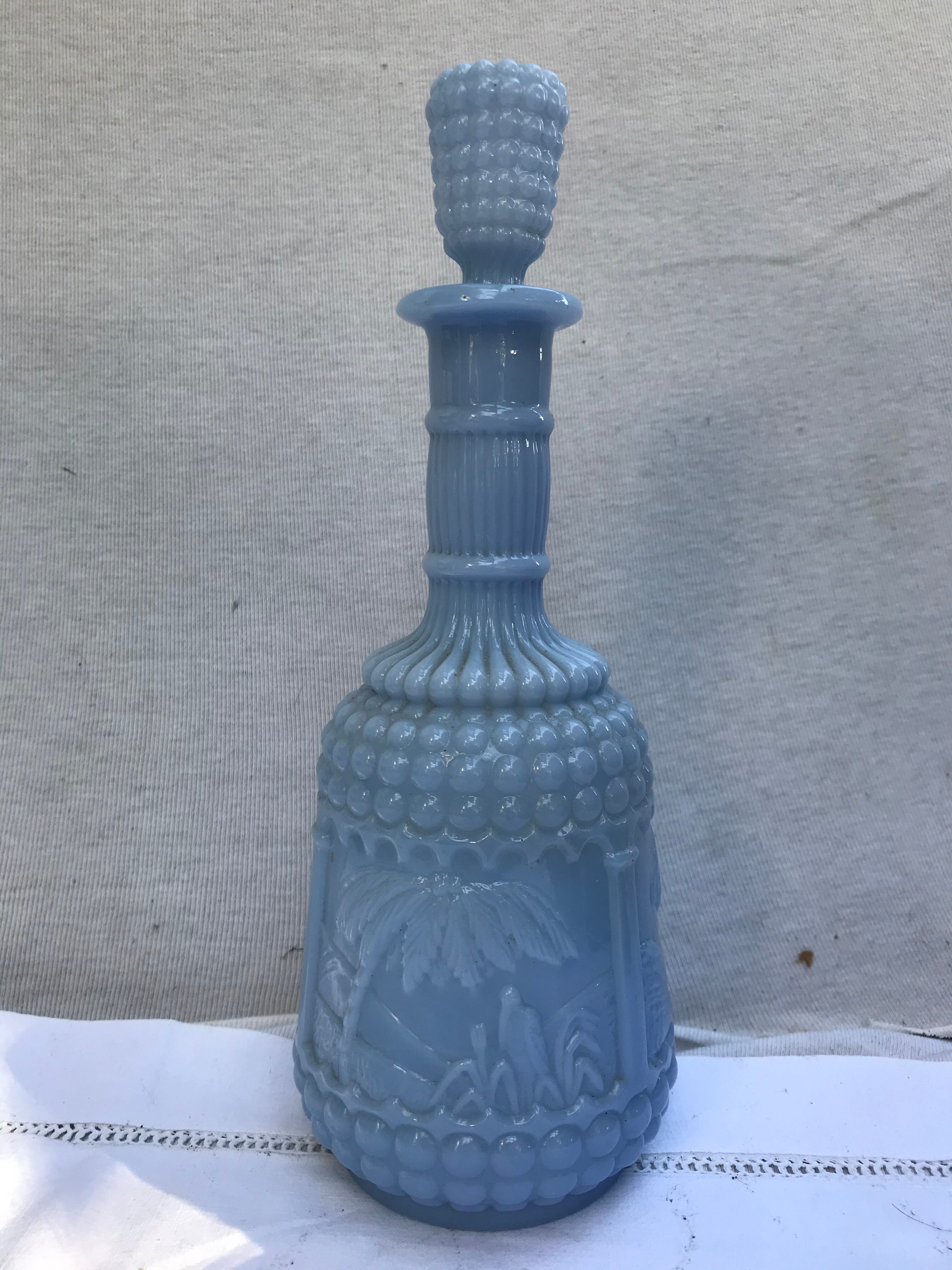 Former Carafe Liqueur Opaline Blue Decor Moulded - Vintage Cave Bouchon