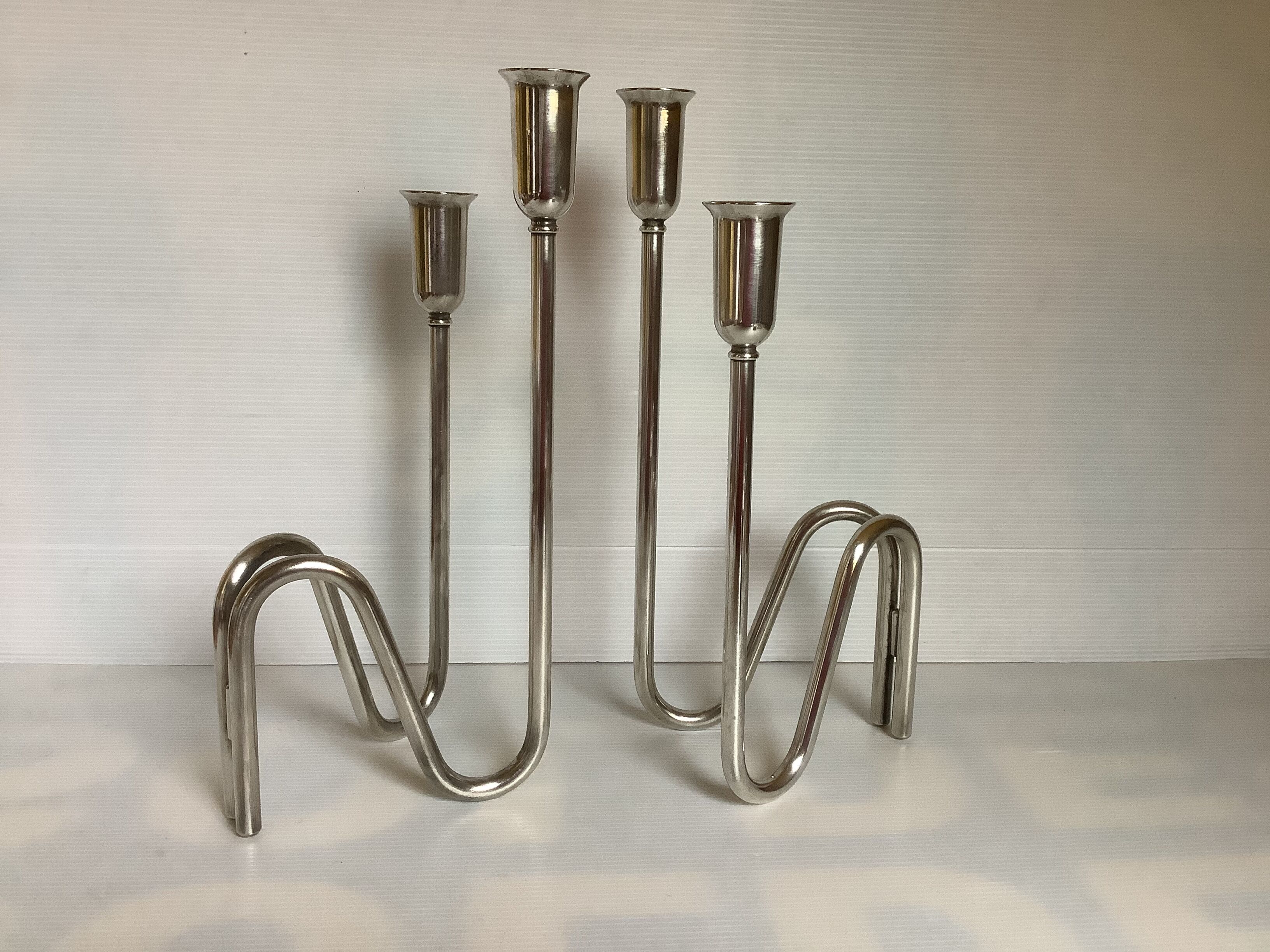 Pair of modernist candle holders silver metal PM Italy