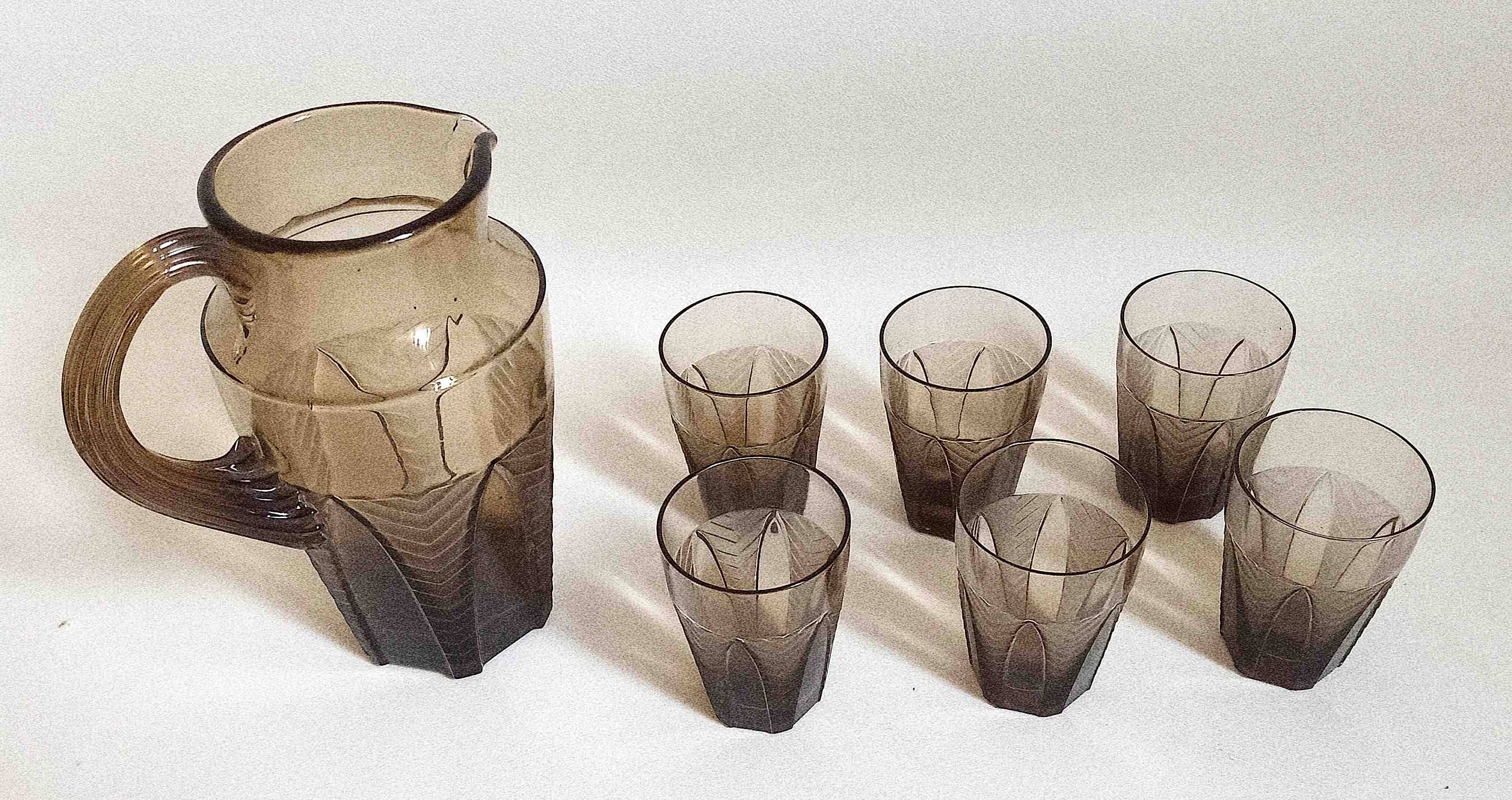 Orangeade or lemonade service Pitcher + 6 Art Deco glasses
