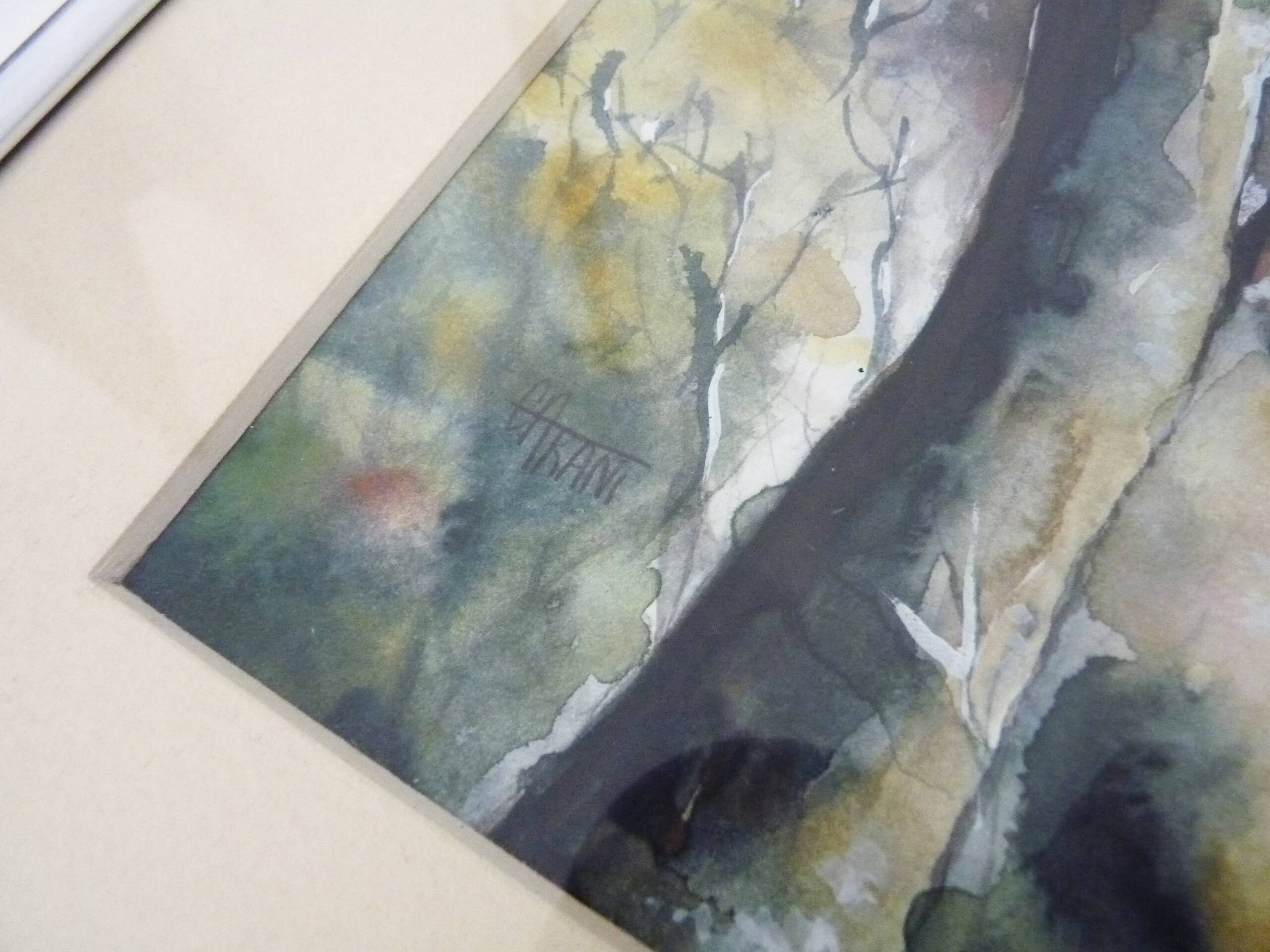 Original watercolor by Carani church in the mountains. Signed